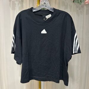 Adidas Womens Black Crop Tee 3 Stripe Athletic Shirt Size Large